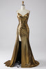 Laden Sie das Bild in den Galerie-Viewer, Glitzernd Mermaid Golden Metallic Langes Ballkleid mit Schlitz