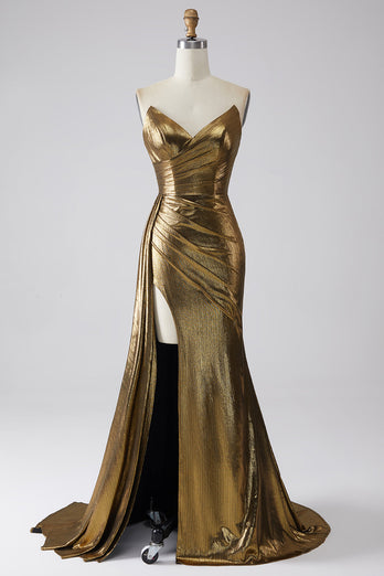 Glitzernd Mermaid Golden Metallic Langes Ballkleid mit Schlitz