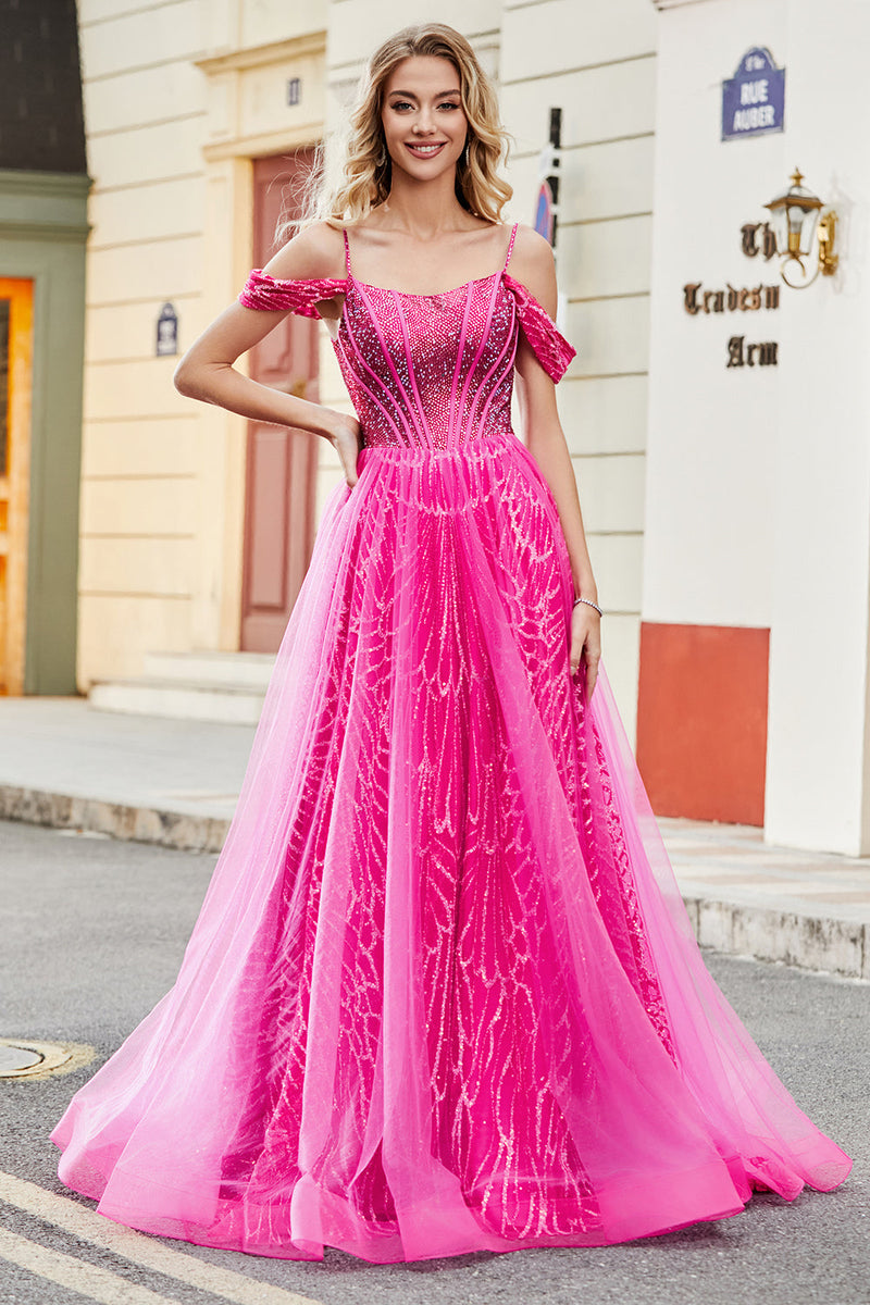 Laden Sie das Bild in den Galerie-Viewer, A-Linie Kaltschaum Glitzer Rosa Korsett Ballkleid mit Perlen