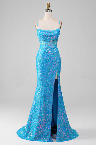 Blaues Spaghettiträger Glitzerndes Korsett Ballkleid mit Schlitz