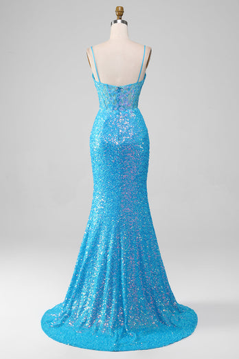 Blaues Spaghettiträger Glitzerndes Korsett Ballkleid mit Schlitz