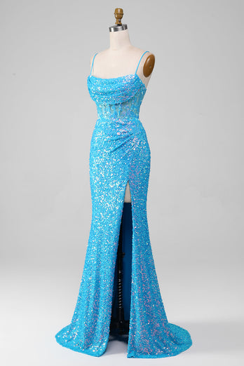 Blaues Spaghettiträger Glitzerndes Korsett Ballkleid mit Schlitz