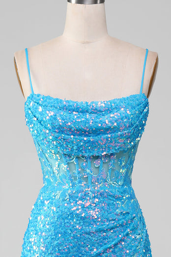 Blaues Spaghettiträger Glitzerndes Korsett Ballkleid mit Schlitz