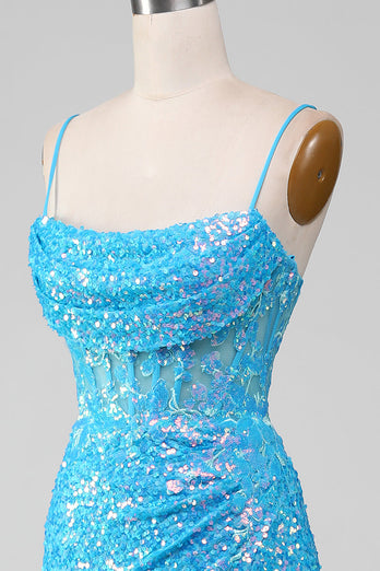 Blaues Spaghettiträger Glitzerndes Korsett Ballkleid mit Schlitz