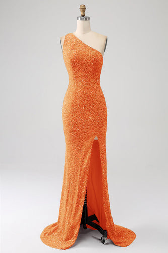 Glitzerndes orangefarbenes Meerjungfrauen-Pailletten-Pailletten-Ballkleid mit Schlitz