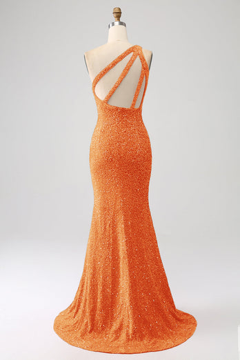 Glitzerndes orangefarbenes Meerjungfrauen-Pailletten-Pailletten-Ballkleid mit Schlitz