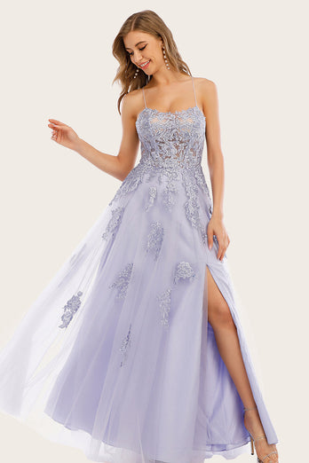 Lavendel Tüll Lange Abendkleid mit Spitze