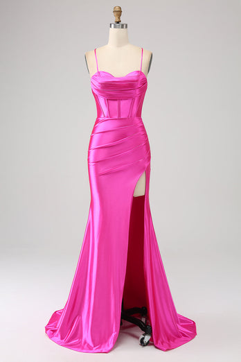 Atemberaubendes Meerjungfrauen Spaghettiträger Fuchsia Korsett Ballkleid mit geteilter Vorderseite