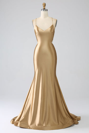 Goldenes Meerjungfrauen Spaghettiträger Satin Ballkleid mit geschnürtem Rücken