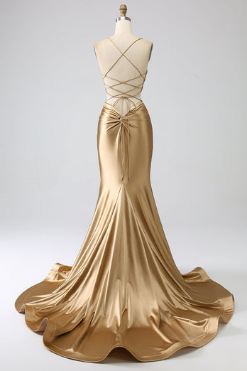 Goldenes Meerjungfrauen Spaghettiträger Satin Ballkleid mit geschnürtem Rücken