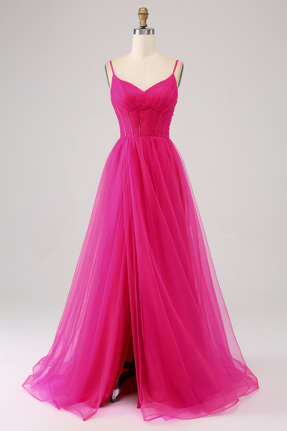 Fuchsia A-Linie Spaghettiträger Langes Korsett Ballkleid mit Schlitz