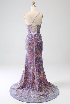 Sparkly Mermaid Helllila Pailletten Ballkleid mit Schlitz