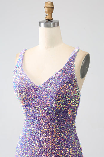 Sparkly Mermaid Helllila Pailletten Ballkleid mit Schlitz