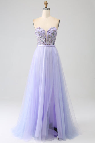 Lavendel A Line Tüll Korsett Ballkleid mit Schlitz