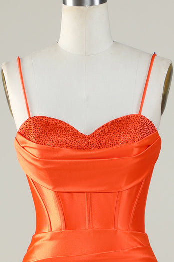 Orange Meerjungfrau Spaghettiträger Langes Korsett Ballkleid mit Schlitz