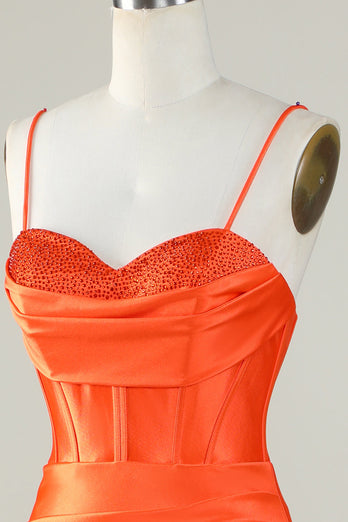 Orange Meerjungfrau Spaghettiträger Langes Korsett Ballkleid mit Schlitz