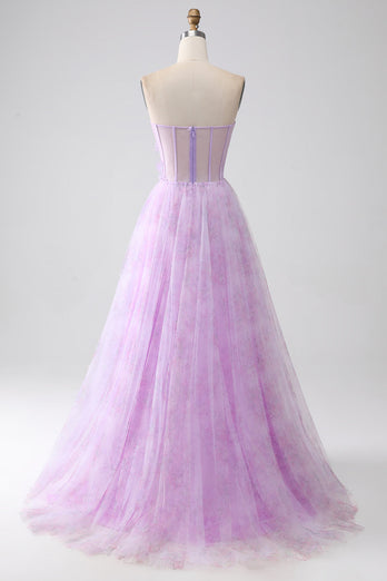 Lavendel Trägerloses Korsett-Ballkleid mit Perlen