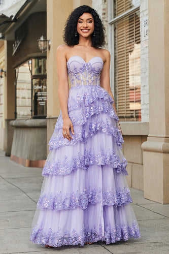 Prinzessin A Linie Sweetheart Lavendel Korsett Ballkleid mit gestufter Spitze