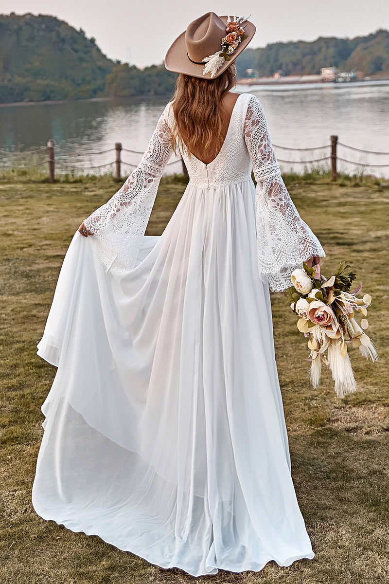 Laden Sie das Bild in den Galerie-Viewer, Elfenbeinspitze Chiffon Trompete Ärmel Boho Brautkleid