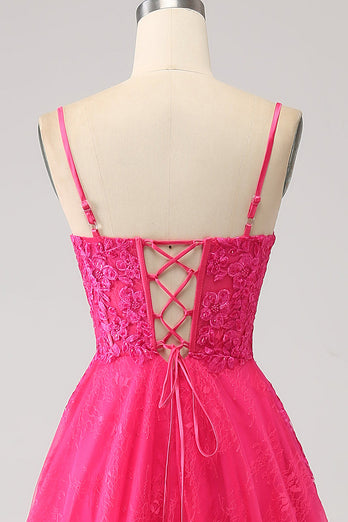 Fuchsia A-Linie Korsett Spitze Langes Ballkleid mit Schlitz