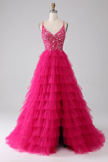 Fuchsia Prinzessin A-Line Spaghettiträger Paillettenbesetztes Langes Ballkleid mit Schlitz