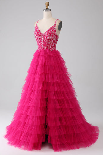 Fuchsia Prinzessin A-Line Spaghettiträger Paillettenbesetztes Langes Ballkleid mit Schlitz