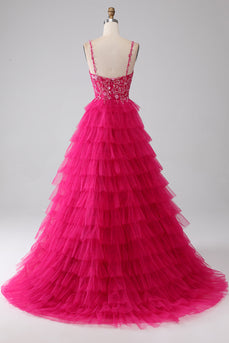 Fuchsia Prinzessin A-Line Spaghettiträger Paillettenbesetztes Langes Ballkleid mit Schlitz