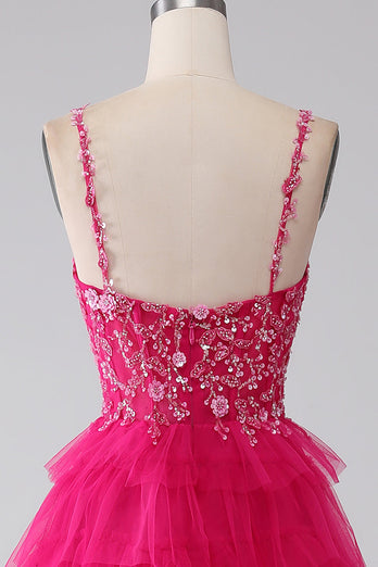 Fuchsia Prinzessin A-Line Spaghettiträger Paillettenbesetztes Langes Ballkleid mit Schlitz