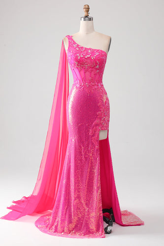 Glitzerndes Fuchsia Meerjungfrauen Ballkleid mit Schulterapplikationen und Schlitz