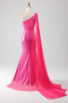 Glitzerndes Fuchsia Meerjungfrauen Ballkleid mit Schulterapplikationen und Schlitz