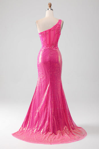 Glitzerndes Fuchsia Meerjungfrauen Ballkleid mit Schulterapplikationen und Schlitz