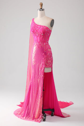 Glitzerndes Fuchsia Meerjungfrauen Ballkleid mit Schulterapplikationen und Schlitz