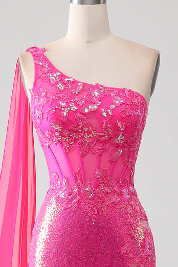 Glitzerndes Fuchsia Meerjungfrauen Ballkleid mit Schulterapplikationen und Schlitz