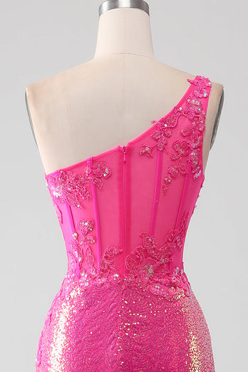 Glitzerndes Fuchsia Meerjungfrauen Ballkleid mit Schulterapplikationen und Schlitz