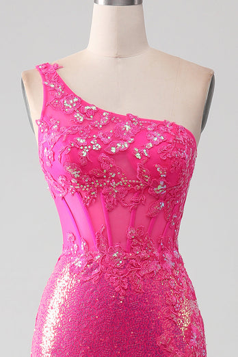 Glitzerndes Fuchsia Meerjungfrauen Ballkleid mit Schulterapplikationen und Schlitz