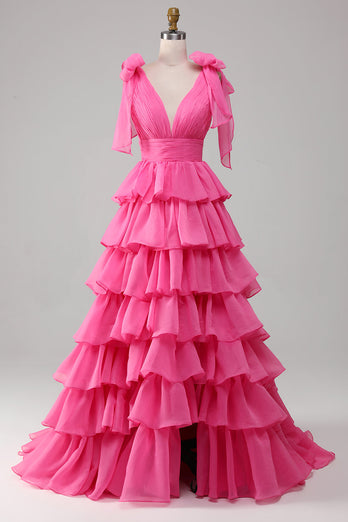 Prinzessin A-Linie V-Ausschnitt Fuchsia Ballkleid mit Schlitz