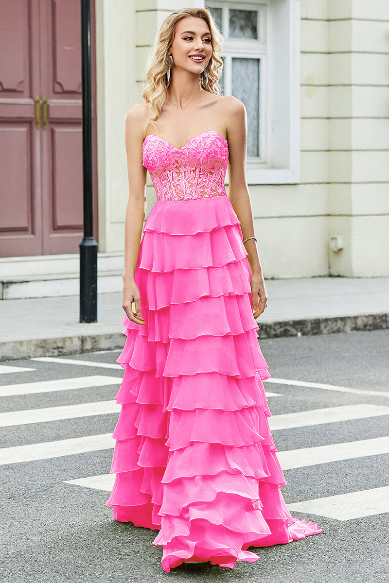 Laden Sie das Bild in den Galerie-Viewer, Wunderschönes A-Linien-Sweetheart-Korsett Hot Pink Ballkleid mit Applikationen und Rüschen