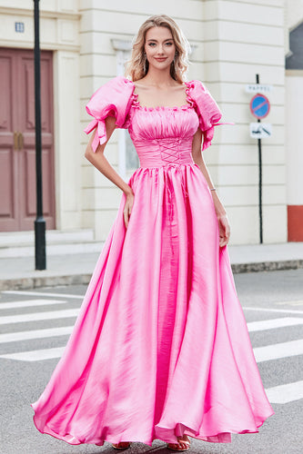 Prinzessin A Line Rosa Langes Ballkleid mit Quadratischem Ausschnitt und Puffärmeln