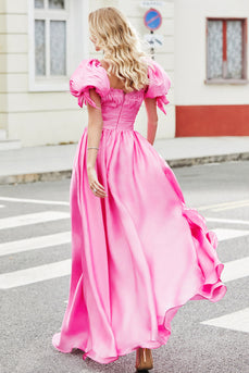 Prinzessin A Line Rosa Langes Ballkleid mit Quadratischem Ausschnitt und Puffärmeln