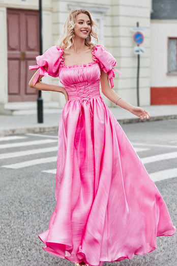 Prinzessin A Line Rosa Langes Ballkleid mit Quadratischem Ausschnitt und Puffärmeln