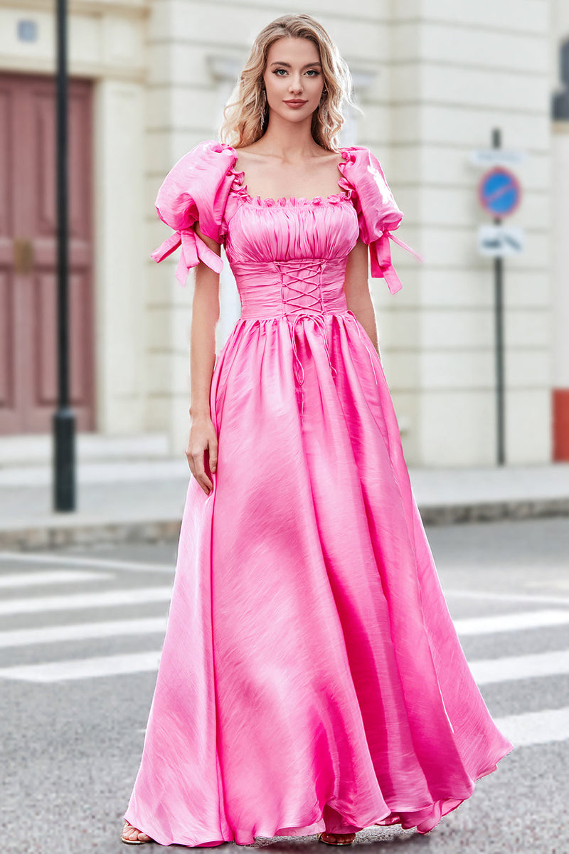 Laden Sie das Bild in den Galerie-Viewer, Prinzessin A Line Rosa Langes Ballkleid mit Quadratischem Ausschnitt und Puffärmeln