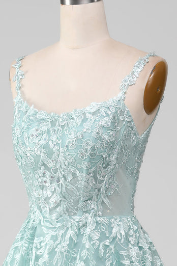 Glitter Mint A-Linie Tüll Langes Ballkleid mit Spitze