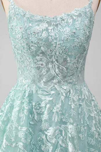 Glitter Mint A-Linie Tüll Langes Ballkleid mit Spitze