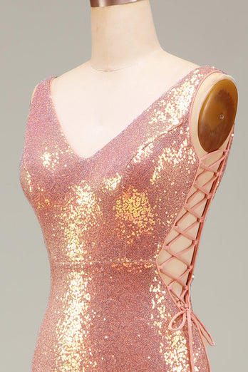 Glitzerndes Rosa Meerjungfrauen Ballkleid mit Schlitz