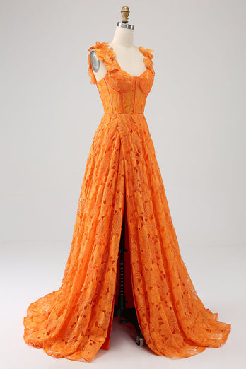 Orange A-Linie Langes Ballkleid aus floraler