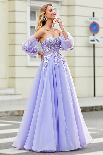 Wunderschönes Schulterfreies Lavendelkorsett-Ballkleid mit Applikationen