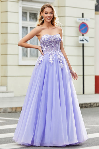 Wunderschönes Schulterfreies Lavendelkorsett-Ballkleid mit Applikationen