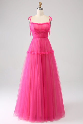 Fuchsia A-Linie Tüll Langes Ballkleid mit Rüschen