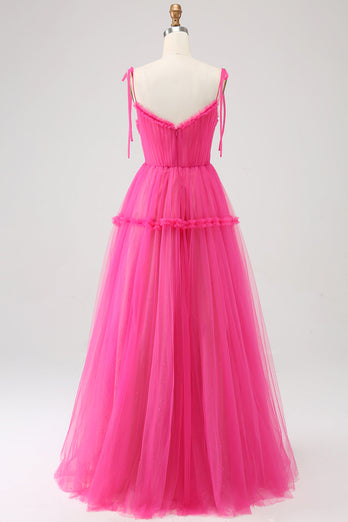 Fuchsia A-Linie Tüll Langes Ballkleid mit Rüschen