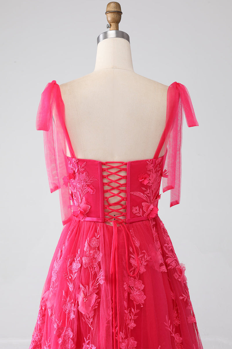 Laden Sie das Bild in den Galerie-Viewer, A-Linie Spaghettiträger Fuchsia Langes Ballkleid mit Schlitz